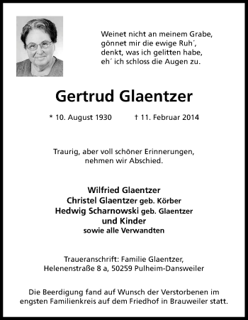 Anzeige von Gertrud Glaentzer von Kölner Stadt-Anzeiger / Kölnische Rundschau / Express