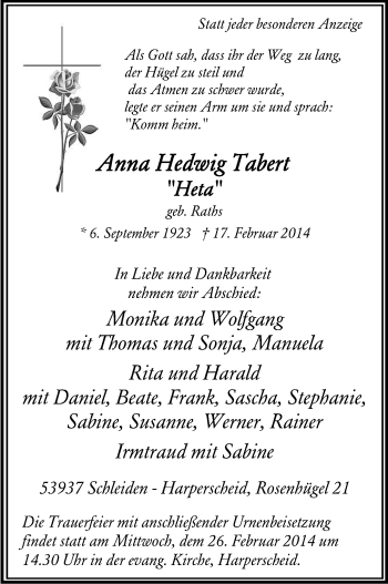 Anzeige von Anna Hedwig Tabert von Kölner Stadt-Anzeiger / Kölnische Rundschau / Express