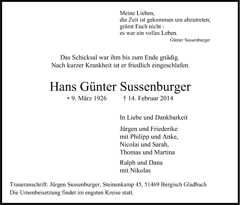  Traueranzeige für Hans Günter Sussenburger vom 22.02.2014 aus Kölner Stadt-Anzeiger / Kölnische Rundschau / Express