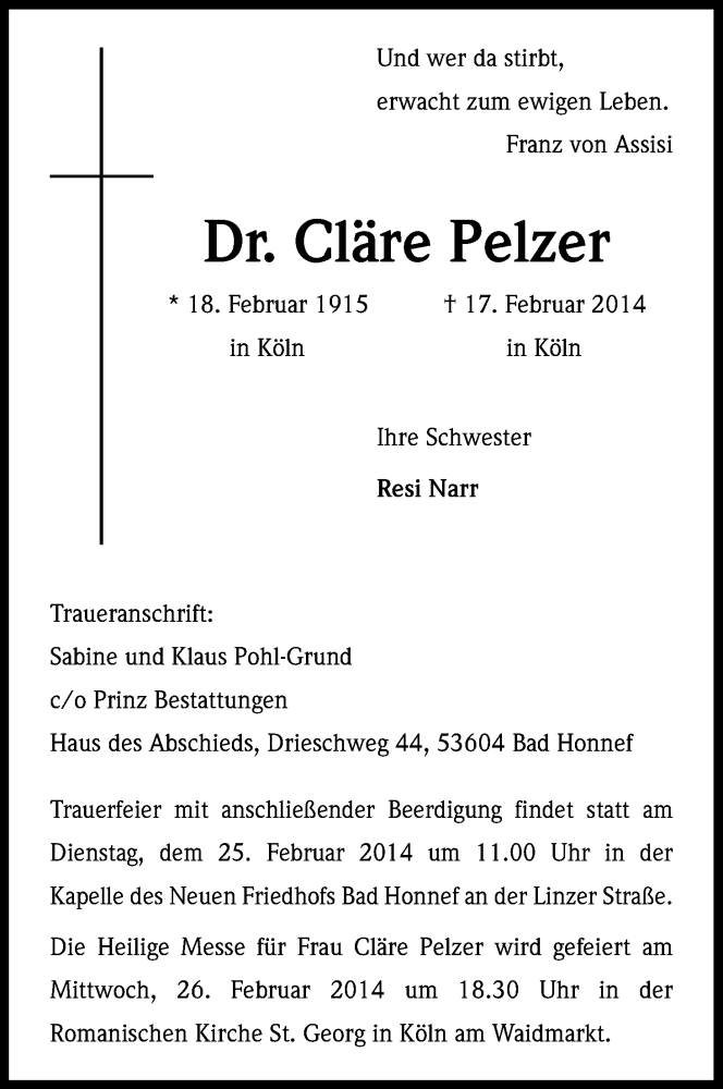  Traueranzeige für Cläre  Pelzer vom 20.02.2014 aus Kölner Stadt-Anzeiger / Kölnische Rundschau / Express