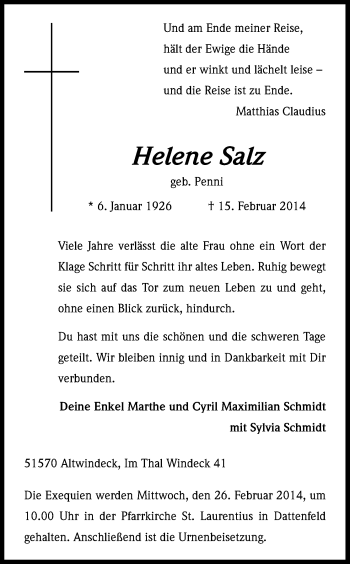 Anzeige von Helene Salz von Kölner Stadt-Anzeiger / Kölnische Rundschau / Express