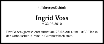 Anzeige von Ingrid Voss von Kölner Stadt-Anzeiger / Kölnische Rundschau / Express