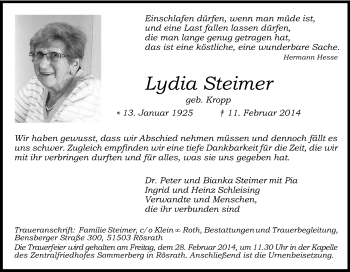 Anzeige von Lydia Steimer von Kölner Stadt-Anzeiger / Kölnische Rundschau / Express