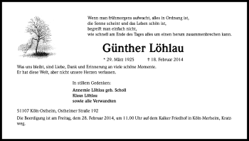 Anzeige von Günther Löhlau von Kölner Stadt-Anzeiger / Kölnische Rundschau / Express
