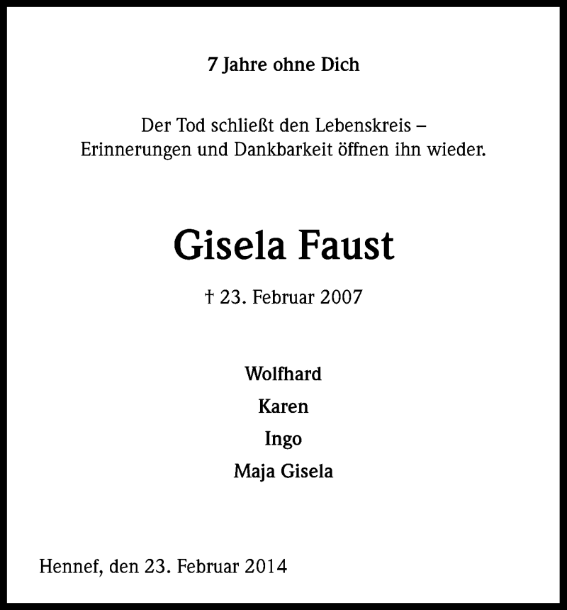  Traueranzeige für Gisela Faust vom 22.02.2014 aus Kölner Stadt-Anzeiger / Kölnische Rundschau / Express