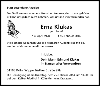 Anzeige von Erna Klukas von Kölner Stadt-Anzeiger / Kölnische Rundschau / Express