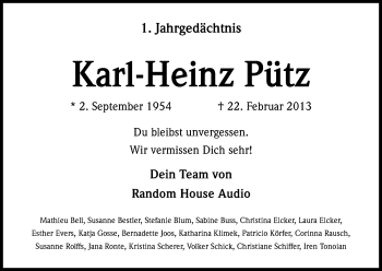 Anzeige von Karl-Heinz Pütz von Kölner Stadt-Anzeiger / Kölnische Rundschau / Express