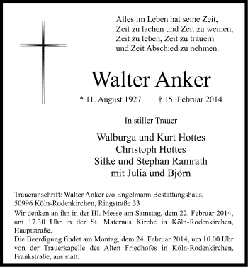 Anzeige von Walter Anker von Kölner Stadt-Anzeiger / Kölnische Rundschau / Express