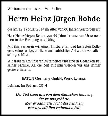 Anzeige von Heinz-Jürgen Rohde von Kölner Stadt-Anzeiger / Kölnische Rundschau / Express