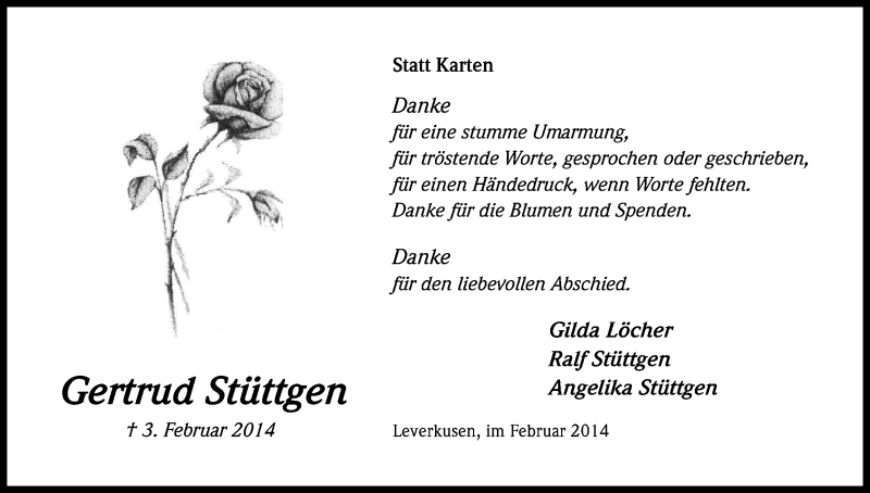  Traueranzeige für Gertrud Stüttgen vom 22.02.2014 aus Kölner Stadt-Anzeiger / Kölnische Rundschau / Express