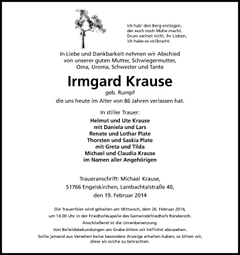 Anzeige von Irmgard Krause von Kölner Stadt-Anzeiger / Kölnische Rundschau / Express
