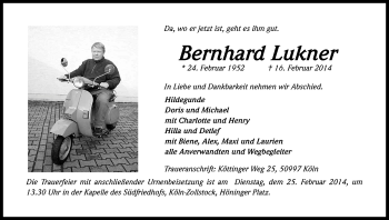 Anzeige von Bernhard Lukner von Kölner Stadt-Anzeiger / Kölnische Rundschau / Express