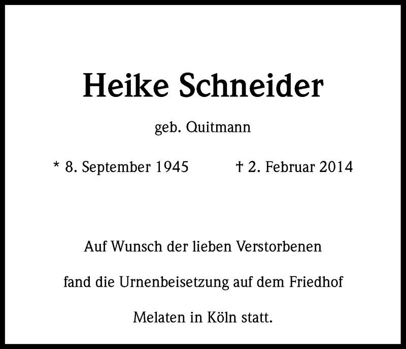  Traueranzeige für Heike Schneider vom 15.03.2014 aus Kölner Stadt-Anzeiger / Kölnische Rundschau / Express