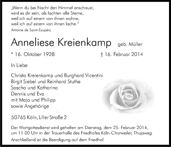 Anzeige von Anneliese Kreienkamp von Kölner Stadt-Anzeiger / Kölnische Rundschau / Express