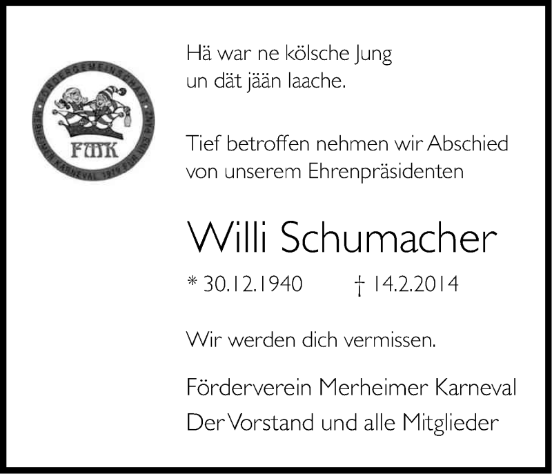  Traueranzeige für Willi Schumacher vom 22.02.2014 aus Kölner Stadt-Anzeiger / Kölnische Rundschau / Express