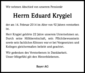 Anzeige von Eduard Krygiel von Kölner Stadt-Anzeiger / Kölnische Rundschau / Express