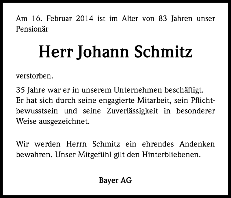  Traueranzeige für Johann Schmitz vom 21.02.2014 aus Kölner Stadt-Anzeiger / Kölnische Rundschau / Express