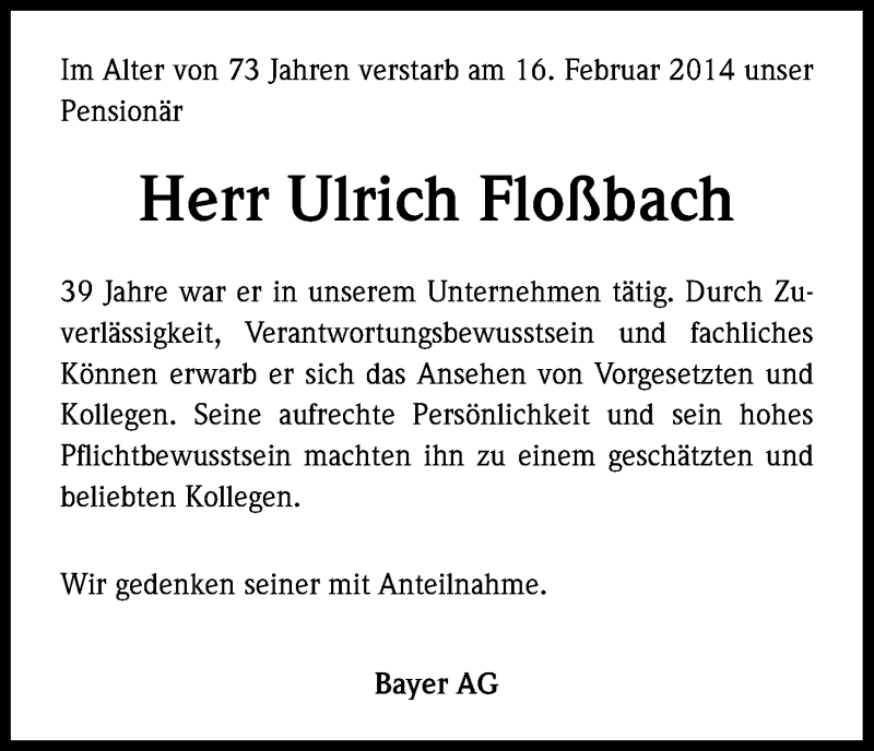  Traueranzeige für Ulrich Floßbach vom 21.02.2014 aus Kölner Stadt-Anzeiger / Kölnische Rundschau / Express