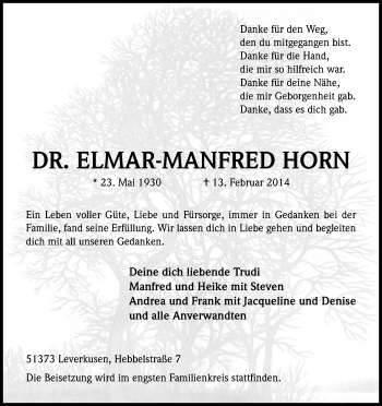 Anzeige von Elmar-Manfred Horn von Kölner Stadt-Anzeiger / Kölnische Rundschau / Express