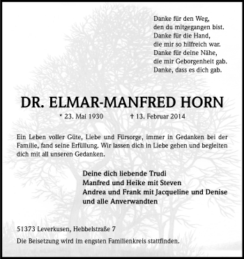 Anzeige von Elmar-Manfred Horn von Kölner Stadt-Anzeiger / Kölnische Rundschau / Express
