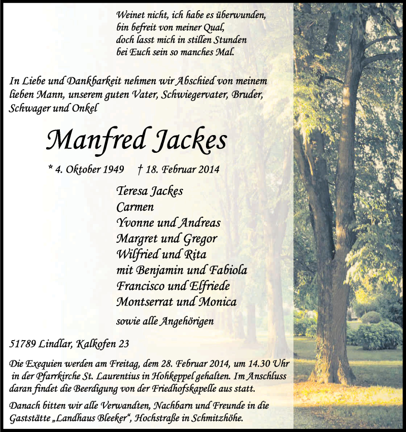  Traueranzeige für Manfred Jackes vom 22.02.2014 aus Kölner Stadt-Anzeiger / Kölnische Rundschau / Express