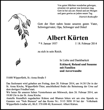 Anzeige von Albert Kürten von Kölner Stadt-Anzeiger / Kölnische Rundschau / Express