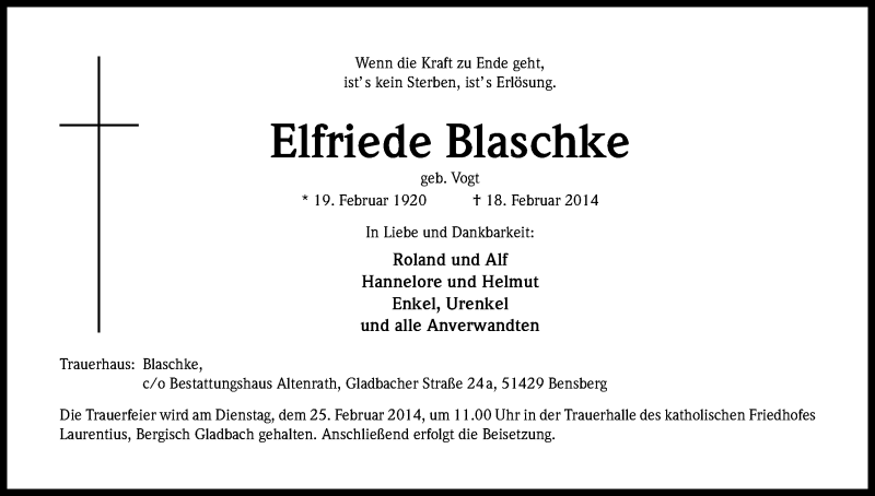  Traueranzeige für Elfriede Blaschke vom 21.02.2014 aus Kölner Stadt-Anzeiger / Kölnische Rundschau / Express