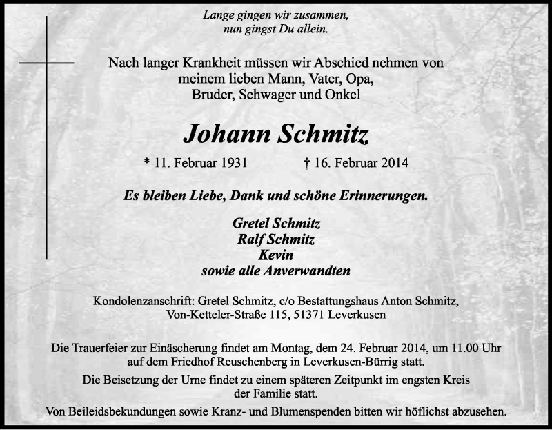  Traueranzeige für Johann Schmitz vom 21.02.2014 aus Kölner Stadt-Anzeiger / Kölnische Rundschau / Express