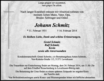 Anzeige von Johann Schmitz von Kölner Stadt-Anzeiger / Kölnische Rundschau / Express