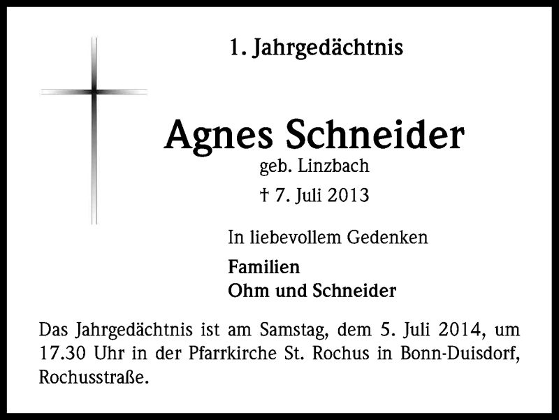  Traueranzeige für Agnes Schneider vom 28.06.2014 aus Kölner Stadt-Anzeiger / Kölnische Rundschau / Express