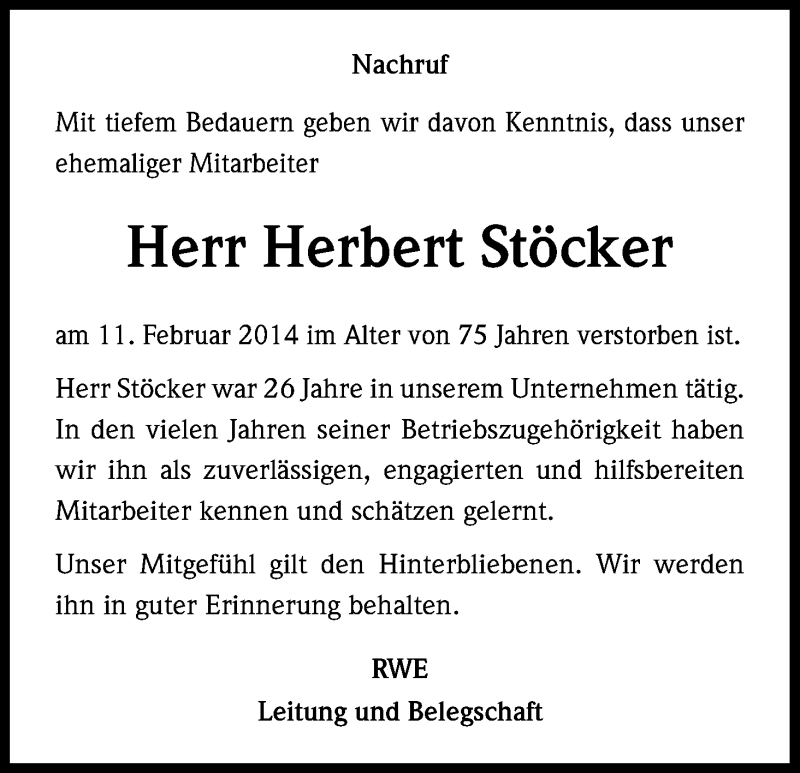  Traueranzeige für Herbert Stöcker vom 21.02.2014 aus Kölner Stadt-Anzeiger / Kölnische Rundschau / Express