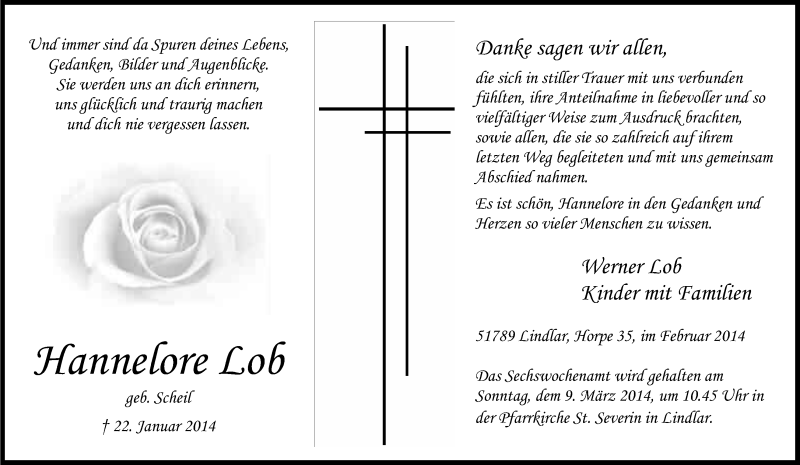  Traueranzeige für Hannelore Lob vom 22.02.2014 aus Kölner Stadt-Anzeiger / Kölnische Rundschau / Express