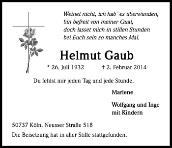 Anzeige von Helmut Gaub von Kölner Stadt-Anzeiger / Kölnische Rundschau / Express