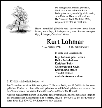 Anzeige von Kurt Lohmar von Kölner Stadt-Anzeiger / Kölnische Rundschau / Express