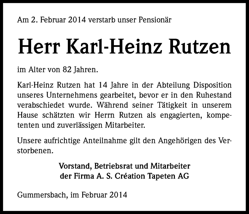  Traueranzeige für Karl-Heinz Rutzen vom 21.02.2014 aus Kölner Stadt-Anzeiger / Kölnische Rundschau / Express