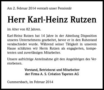 Anzeige von Karl-Heinz Rutzen von Kölner Stadt-Anzeiger / Kölnische Rundschau / Express