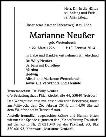 Anzeige von Marianne Neußer von Kölner Stadt-Anzeiger / Kölnische Rundschau / Express