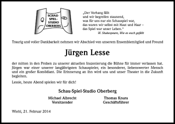 Anzeige von Jürgen Lesse von Kölner Stadt-Anzeiger / Kölnische Rundschau / Express
