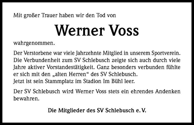  Traueranzeige für Werner Voss vom 22.02.2014 aus Kölner Stadt-Anzeiger / Kölnische Rundschau / Express