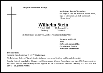 Anzeige von Wilhelm Stein von Kölner Stadt-Anzeiger / Kölnische Rundschau / Express
