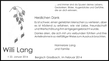 Anzeige von Willi Lang von Kölner Stadt-Anzeiger / Kölnische Rundschau / Express