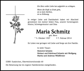 Anzeige von Maria Schmitz von Kölner Stadt-Anzeiger / Kölnische Rundschau / Express