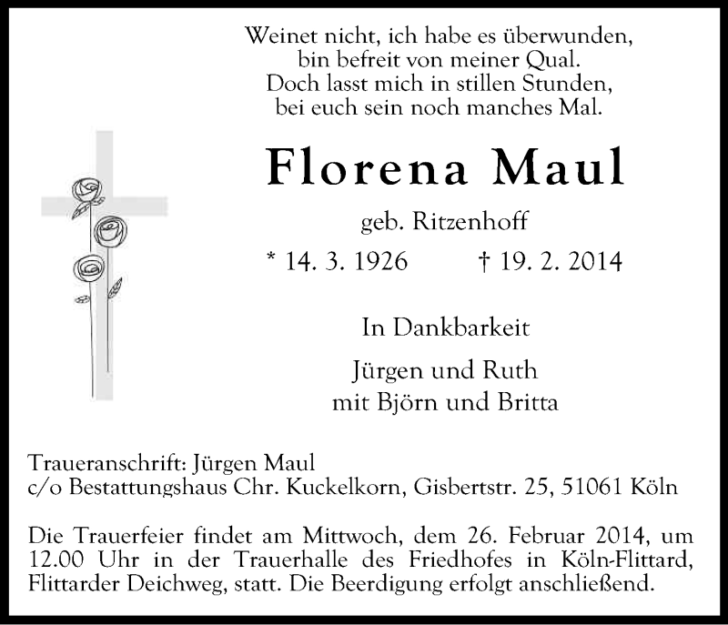  Traueranzeige für Florena Maul vom 22.02.2014 aus Kölner Stadt-Anzeiger / Kölnische Rundschau / Express