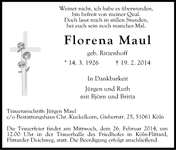 Anzeige von Florena Maul von Kölner Stadt-Anzeiger / Kölnische Rundschau / Express