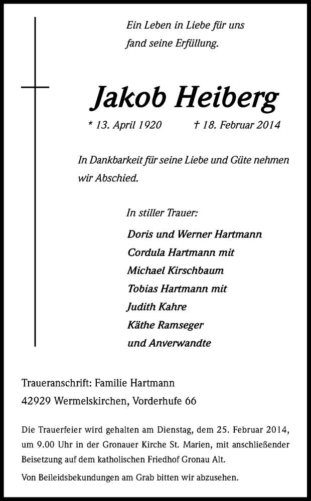  Traueranzeige für Jakob Heiberg vom 22.02.2014 aus Kölner Stadt-Anzeiger / Kölnische Rundschau / Express