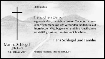 Anzeige von Martha Schlegel von Kölner Stadt-Anzeiger / Kölnische Rundschau / Express
