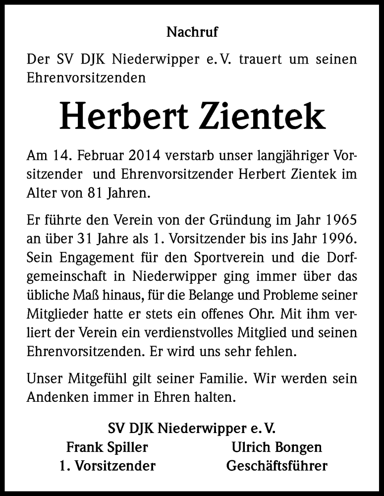  Traueranzeige für Zientek Herbert vom 22.02.2014 aus Kölner Stadt-Anzeiger / Kölnische Rundschau / Express