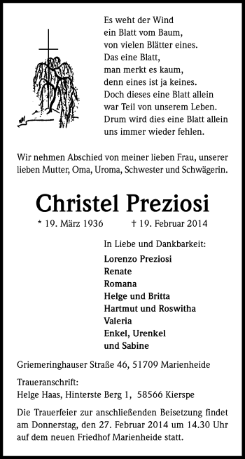 Anzeige von Christel Preziosi von Kölner Stadt-Anzeiger / Kölnische Rundschau / Express