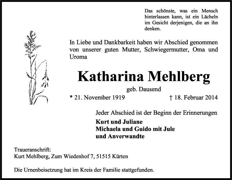  Traueranzeige für Katharina Mehlberg vom 01.03.2014 aus Kölner Stadt-Anzeiger / Kölnische Rundschau / Express