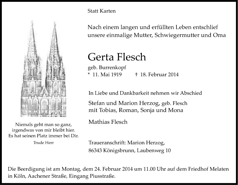  Traueranzeige für Gerta Flesch vom 22.02.2014 aus Kölner Stadt-Anzeiger / Kölnische Rundschau / Express